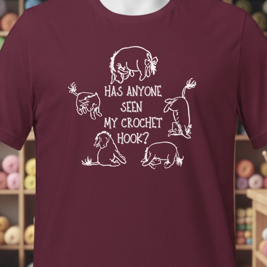 Eeyore Lost Crochet Hook T-Shirt Maroon t-shirt