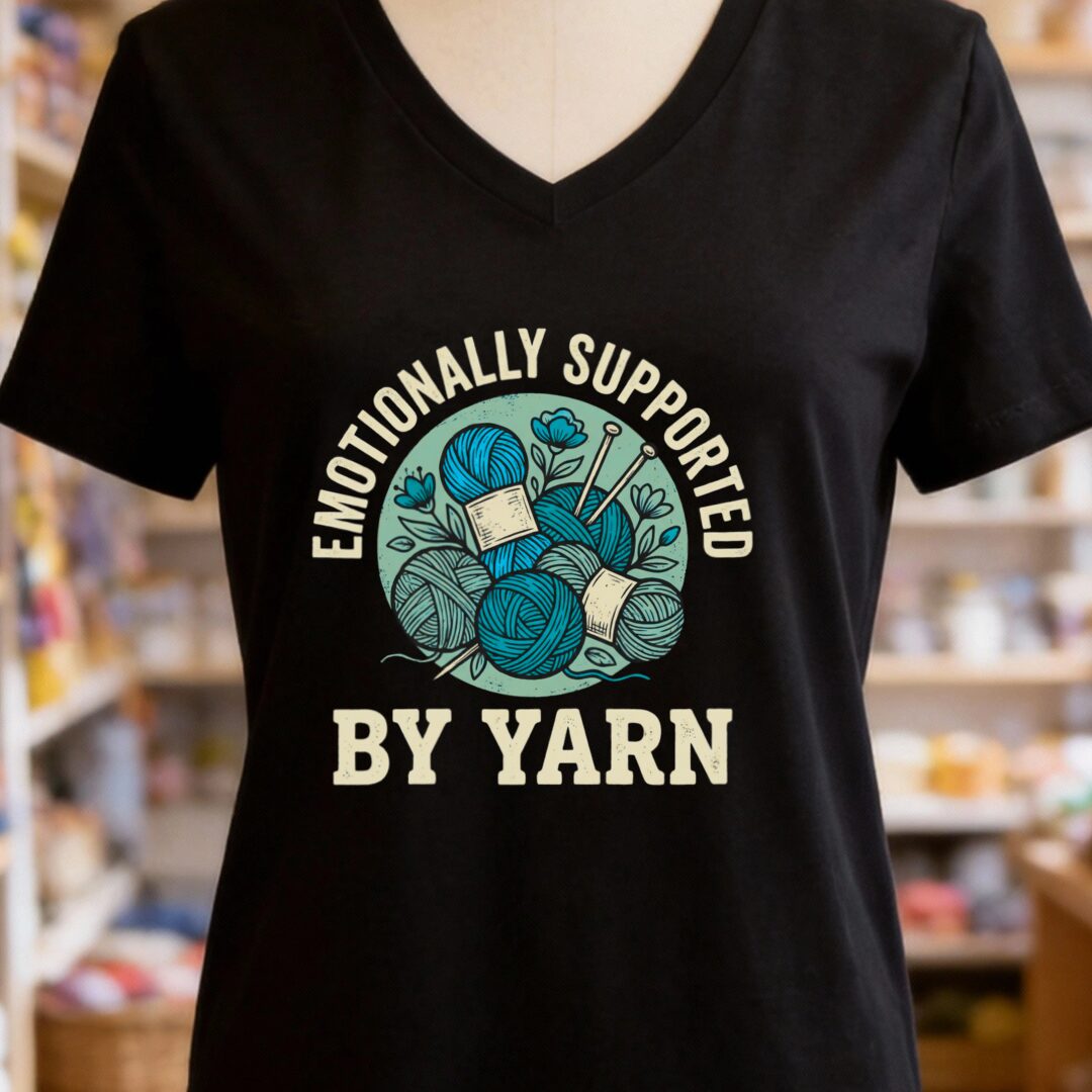 Emotionally Supported By Yarn V-Neck T-Shirt Black t-shirt