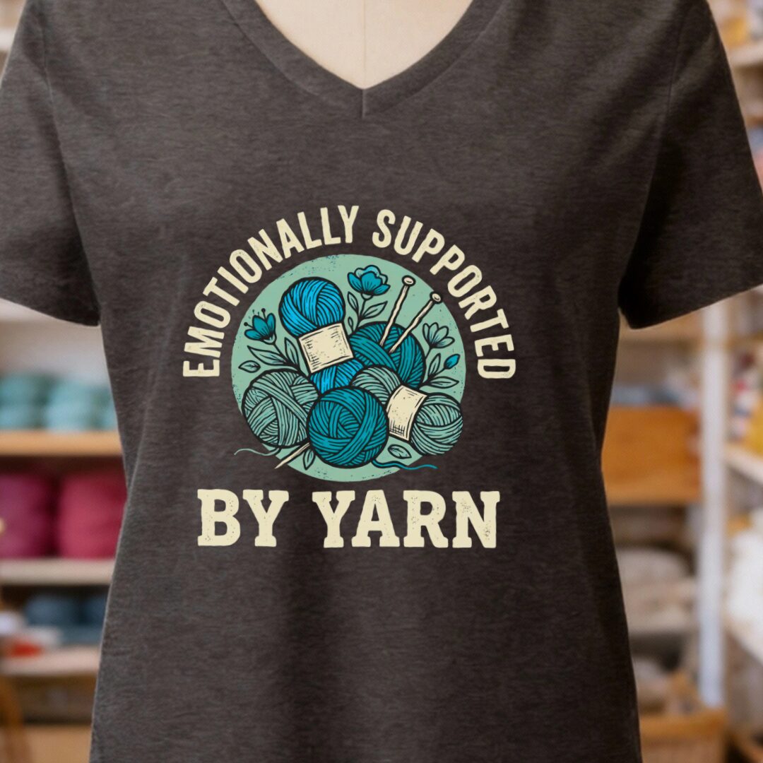 Emotionally Supported By Yarn V-Neck T-Shirt Dark Grey t-shirt