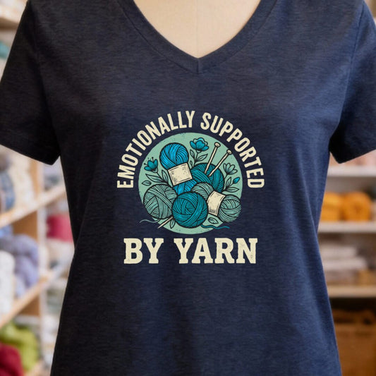 Emotionally Supported By Yarn V-Neck T-Shirt Navy t-shirt