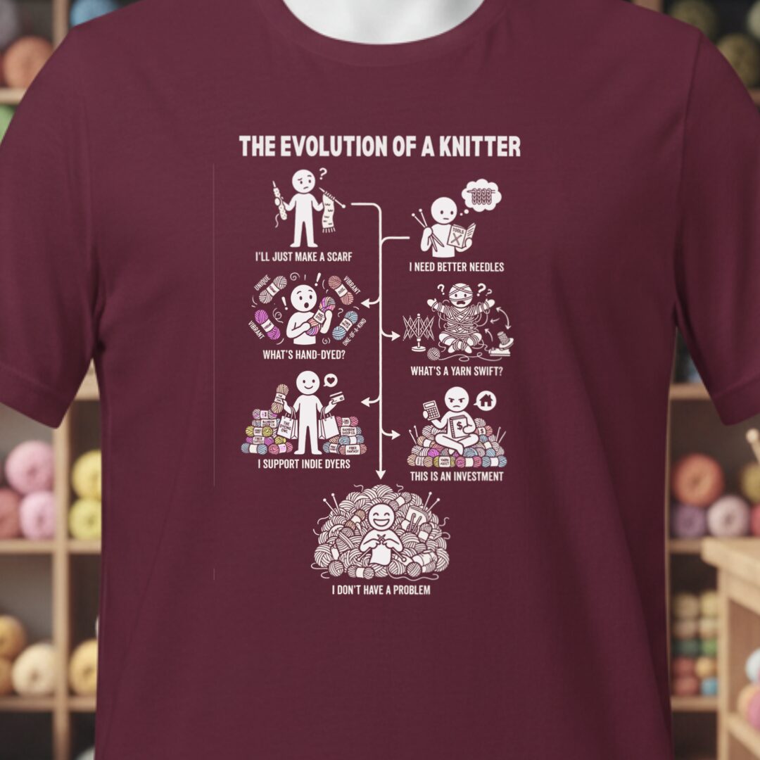 Evolution of A Knitter T-Shirt Maroon t-shirt