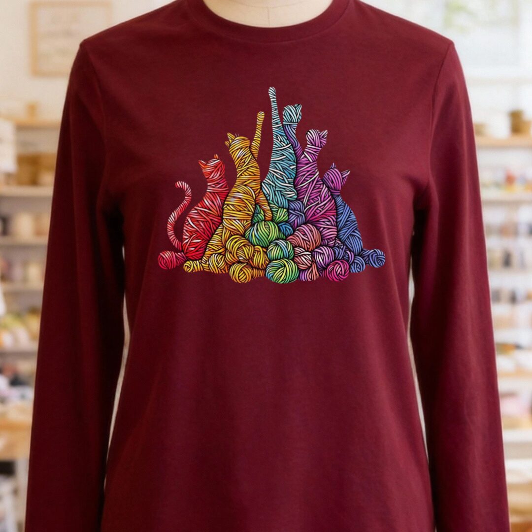 Fiber Felines Long Sleeve Tee Maroon t-shirt