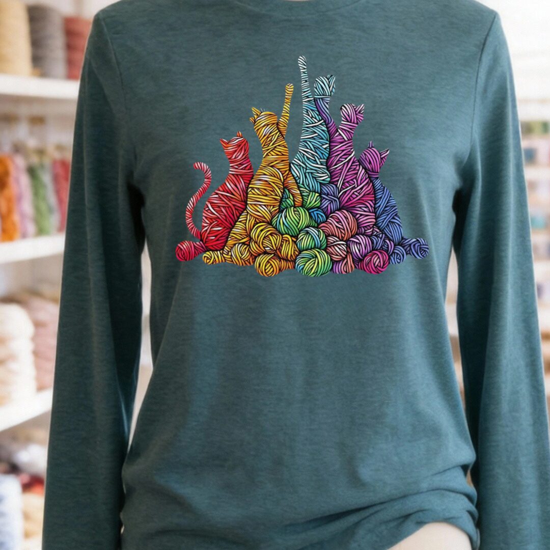 Fiber Felines Long Sleeve Tee Heather Deep Teal t-shirt