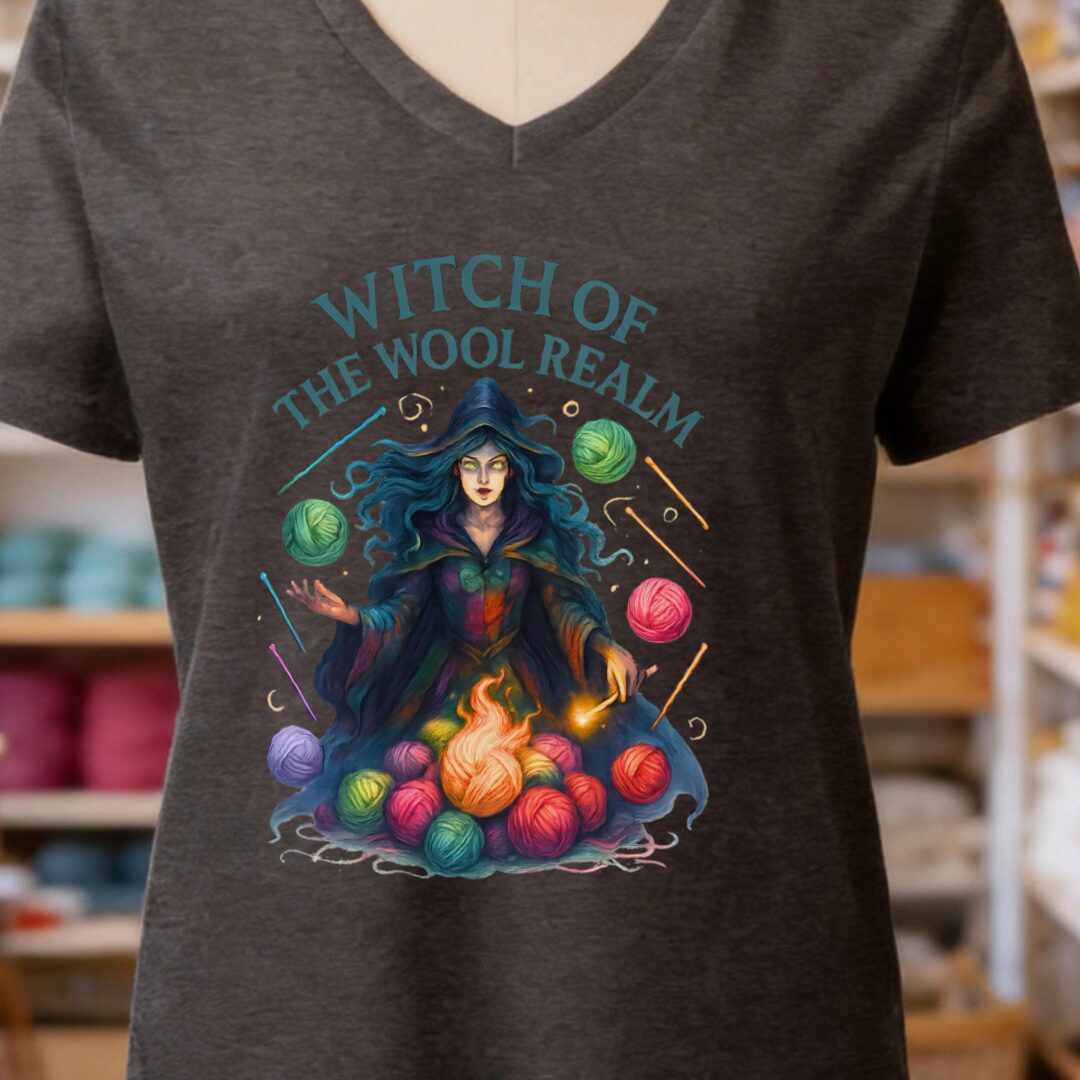 Fire Witch of the Wool Realm V-Neck T-Shirt Dark Grey t-shirt