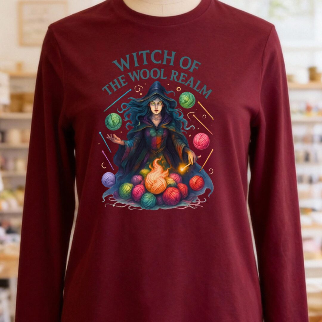 Fire Witch of the Wool Realm Long Sleeve Tee Maroon t-shirt