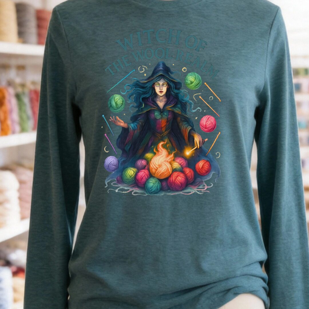 Fire Witch of the Wool Realm Long Sleeve Tee Heather Deep Teal t-shirt