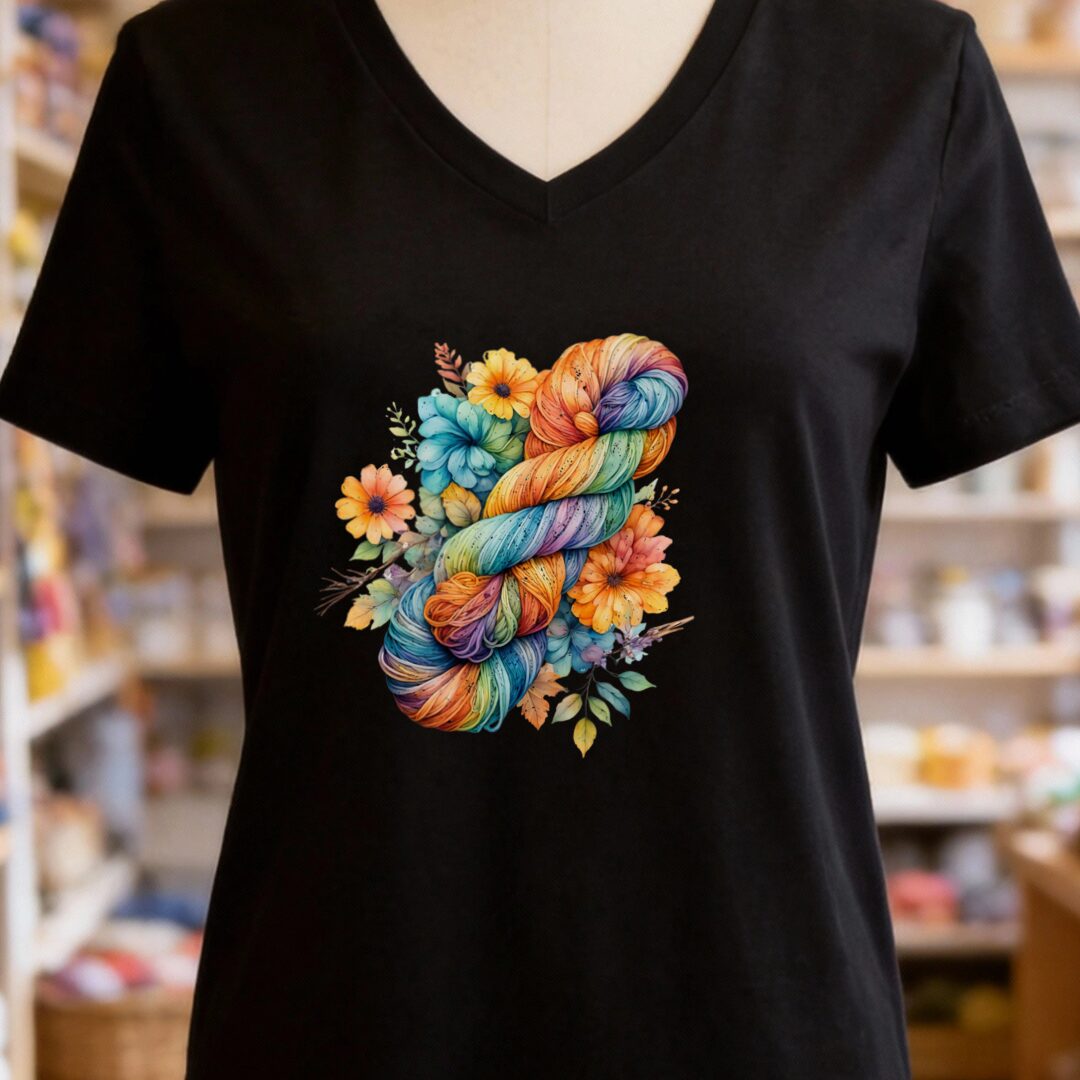 Floral Skein V-Neck T-Shirt Black t-shirt