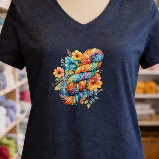 Floral Skein V-Neck T-Shirt Navy t-shirt