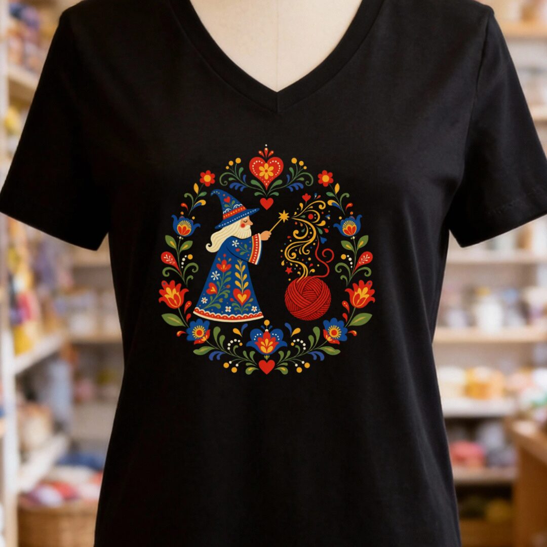 Floral Yarn Wizard V-Neck T-Shirt Black t-shirt