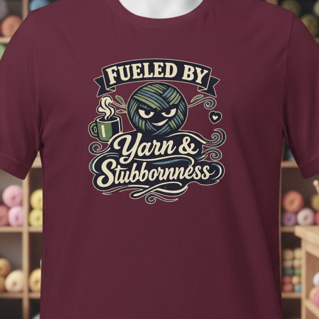 Fueled By Yarn & Stubbornness T-Shirt Maroon t-shirt