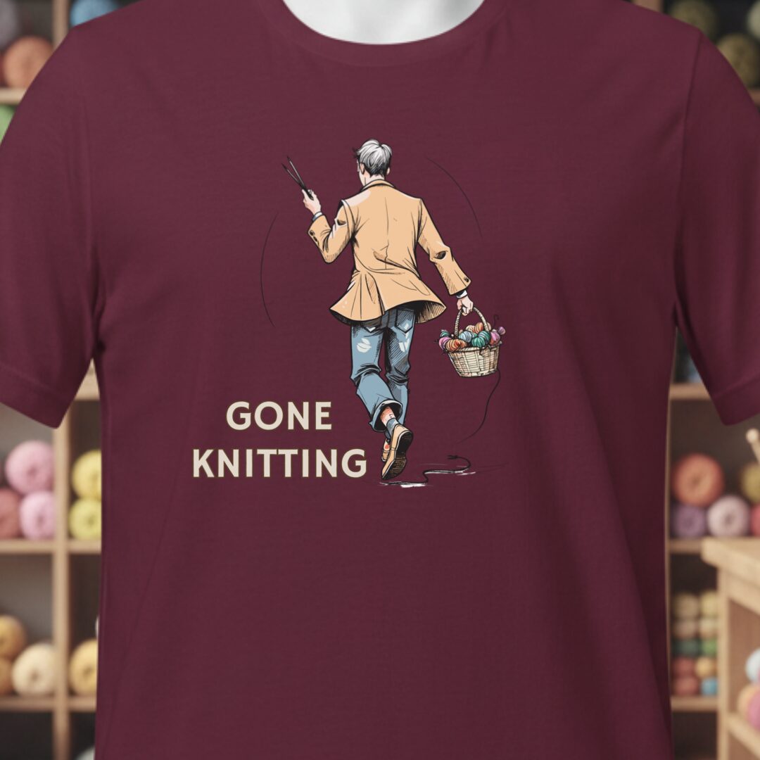Gone Knitting T-Shirt (mens) Maroon t-shirt