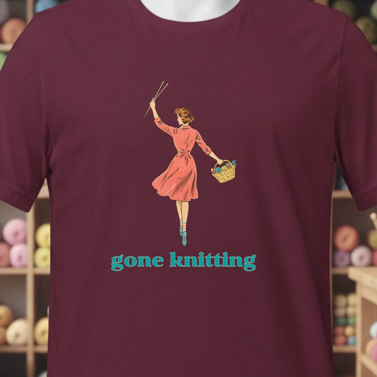 Gone Knitting T-Shirt (peach) Maroon t-shirt