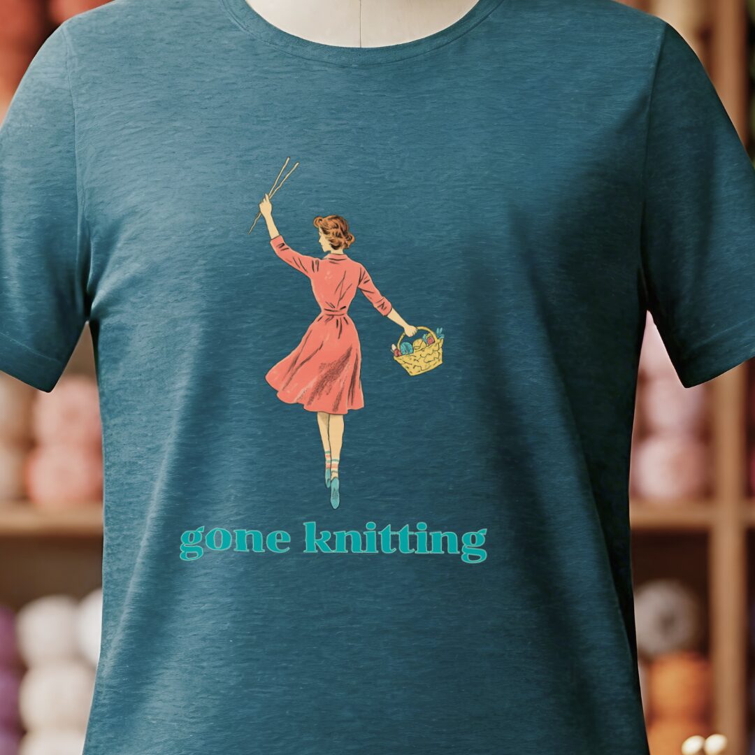 Gone Knitting T-Shirt (peach) Teal Blue t-shirt