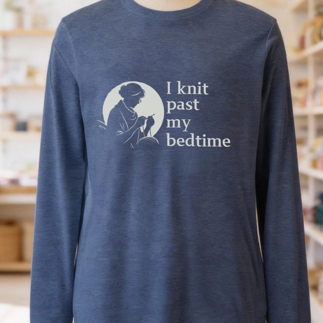 I Knit Past My Bedtime Long Sleeve Tee Heather Navy t-shirt