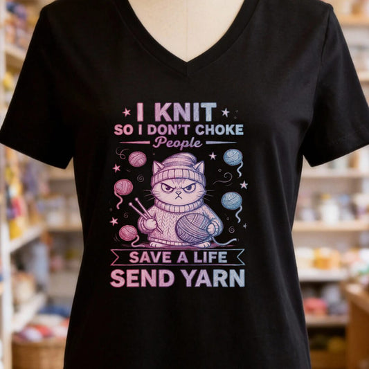I Knit So I Don't Choke People V-Neck T-Shirt Black t-shirt