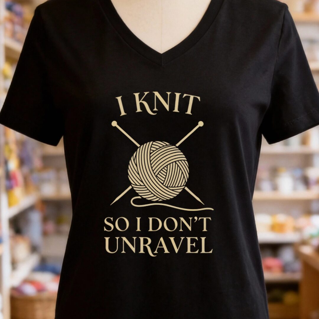 I Knit So I Don't Unravel V-Neck Black t-shirt
