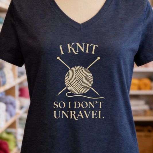 I Knit So I Don't Unravel V-Neck Navy t-shirt