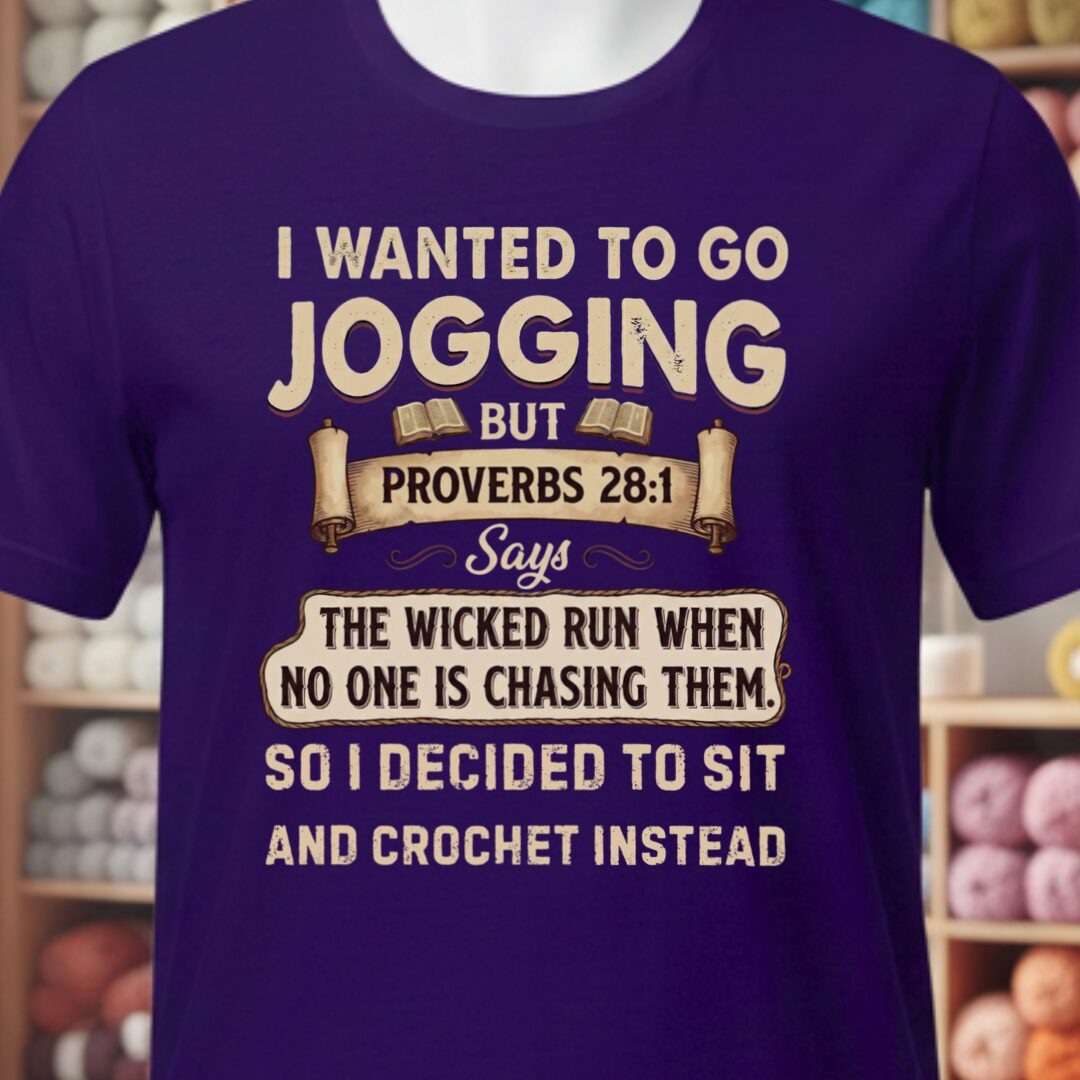 Jogging Proverb 28:1 (Crochet) T-Shirt Purple t-shirt