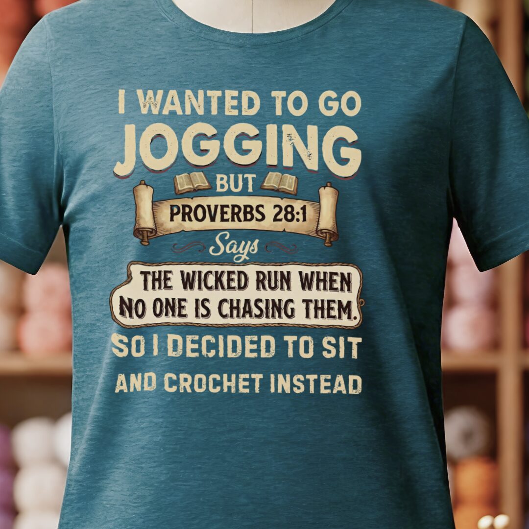 Jogging Proverb 28:1 (Crochet) T-Shirt Teal Blue t-shirt