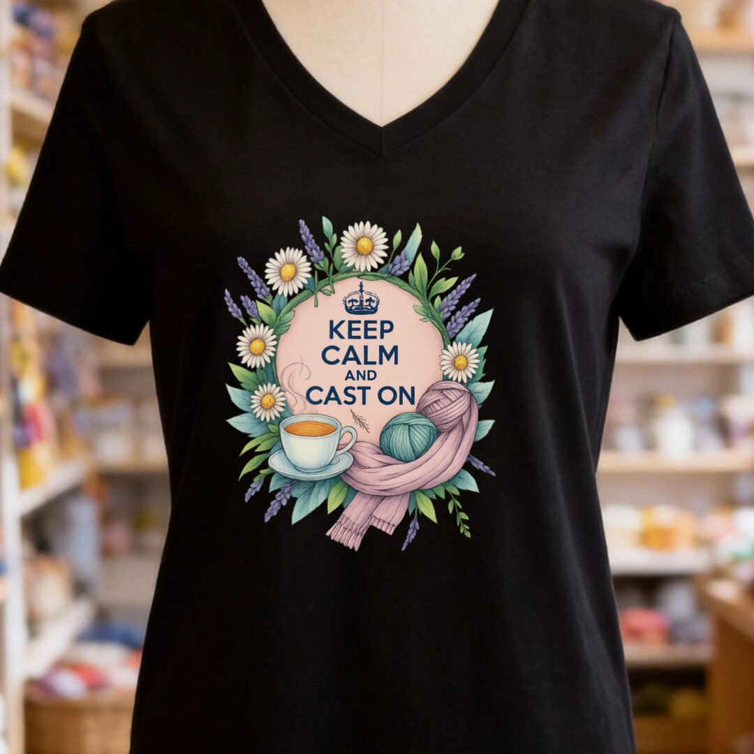 Keep Calm and Cast On V-Neck T-Shirt Black t-shirt