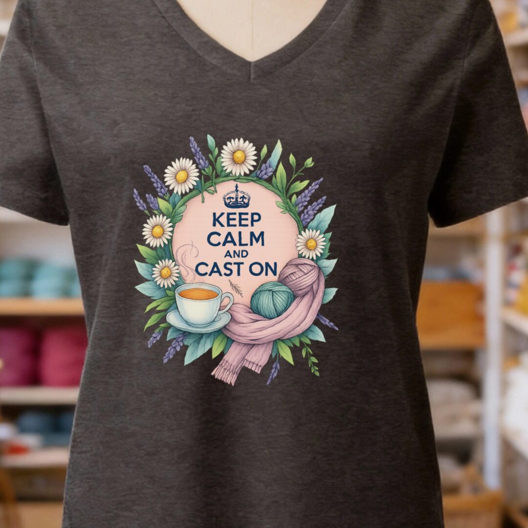 Keep Calm and Cast On V-Neck T-Shirt Dark Grey t-shirt