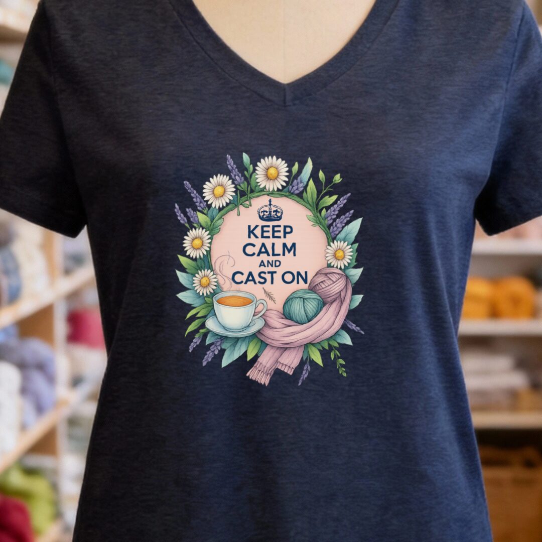 Keep Calm and Cast On V-Neck T-Shirt Navy t-shirt