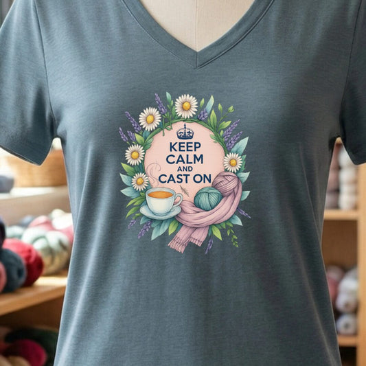 Keep Calm and Cast On V-Neck T-Shirt Slate t-shirt