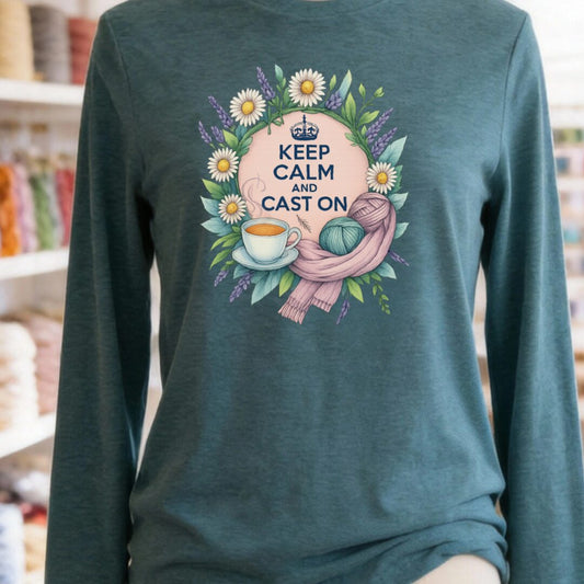 Keep Calm and Cast On Long Sleeve Tee Heather Deep Teal t-shirt