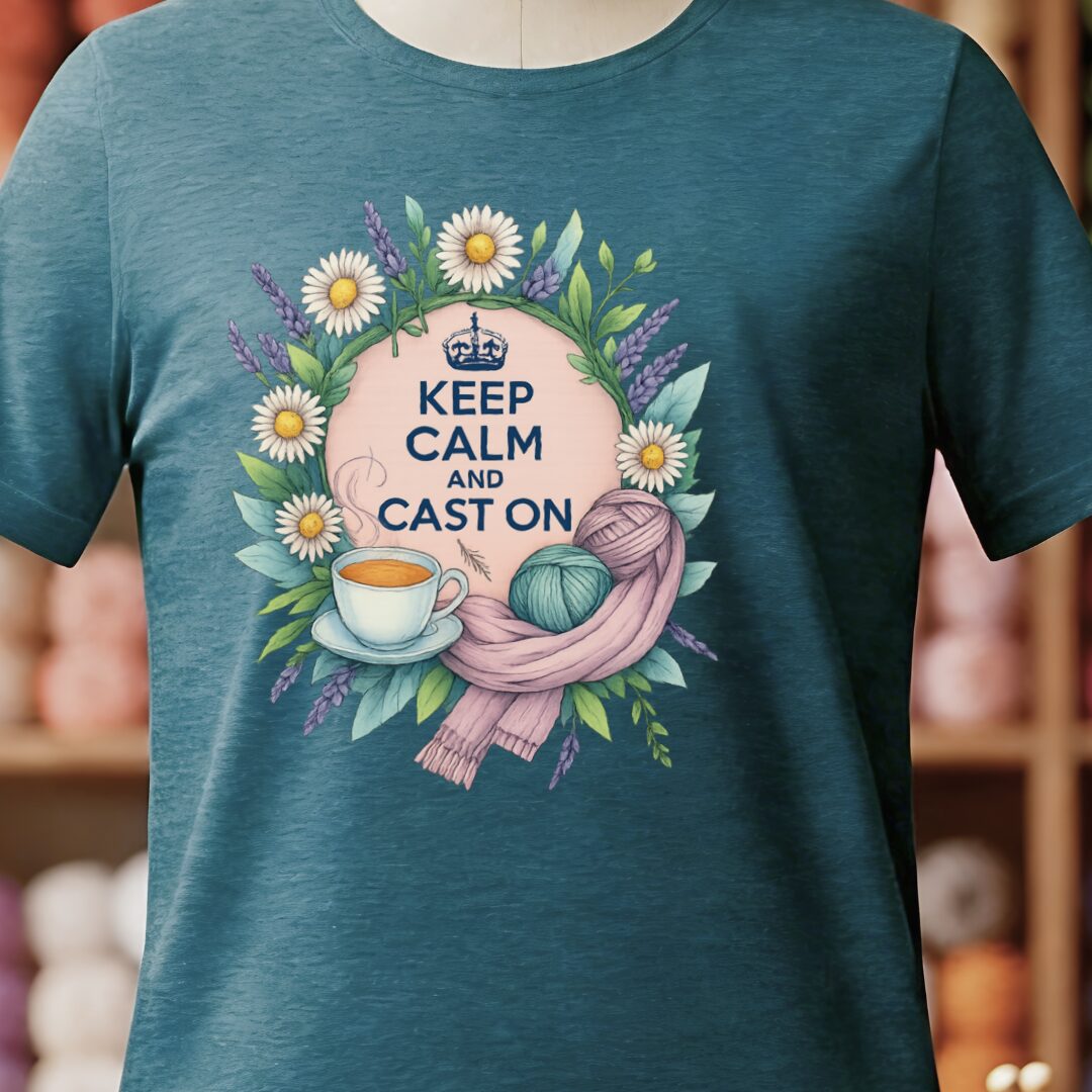 Keep Calm and Cast On T-Shirt Teal Blue t-shirt