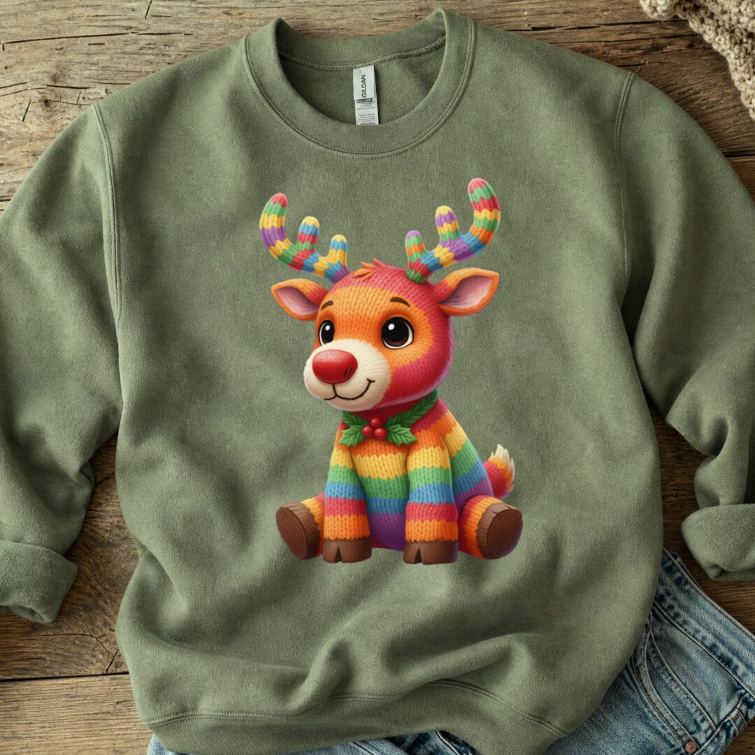 Knitted Reindeer Sweatshirt Military Green t-shirt