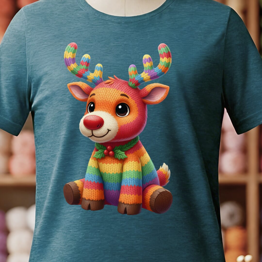 Knitted Reindeer T-Shirt Teal Blue t-shirt
