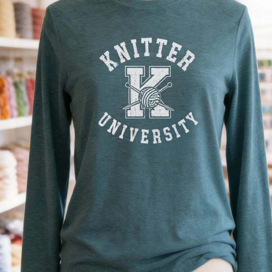 Knitter University Long Sleeve Tee Teal Blue t-shirt