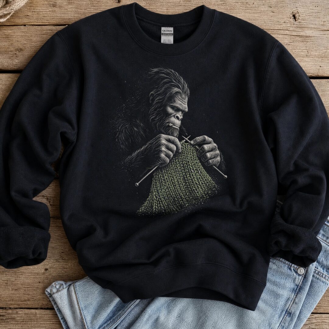 Knitting Bigfoot Black Sweatshirt.jpg