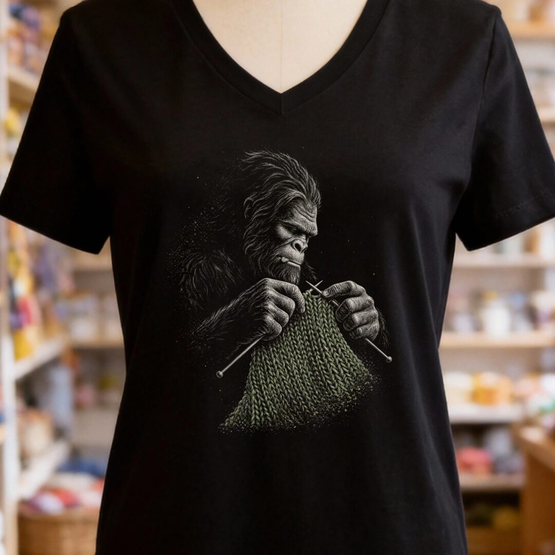 Knitting Bigfoot Black V Neck.jpg