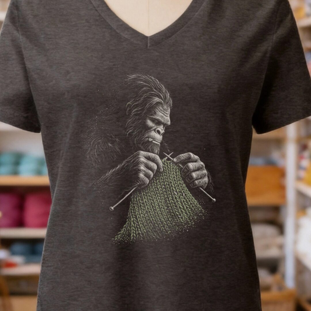 Knitting Bigfoot Dark Grey V Neck.jpg