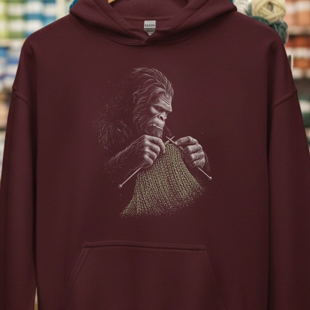Knitting Bigfoot Maroon Hoodie.jpg