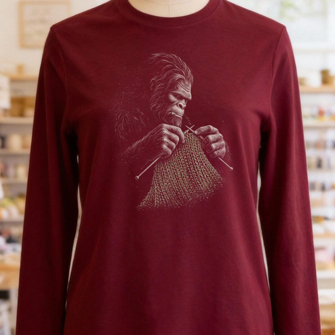 Knitting Bigfoot Maroon Long Sleeve Tee.jpg