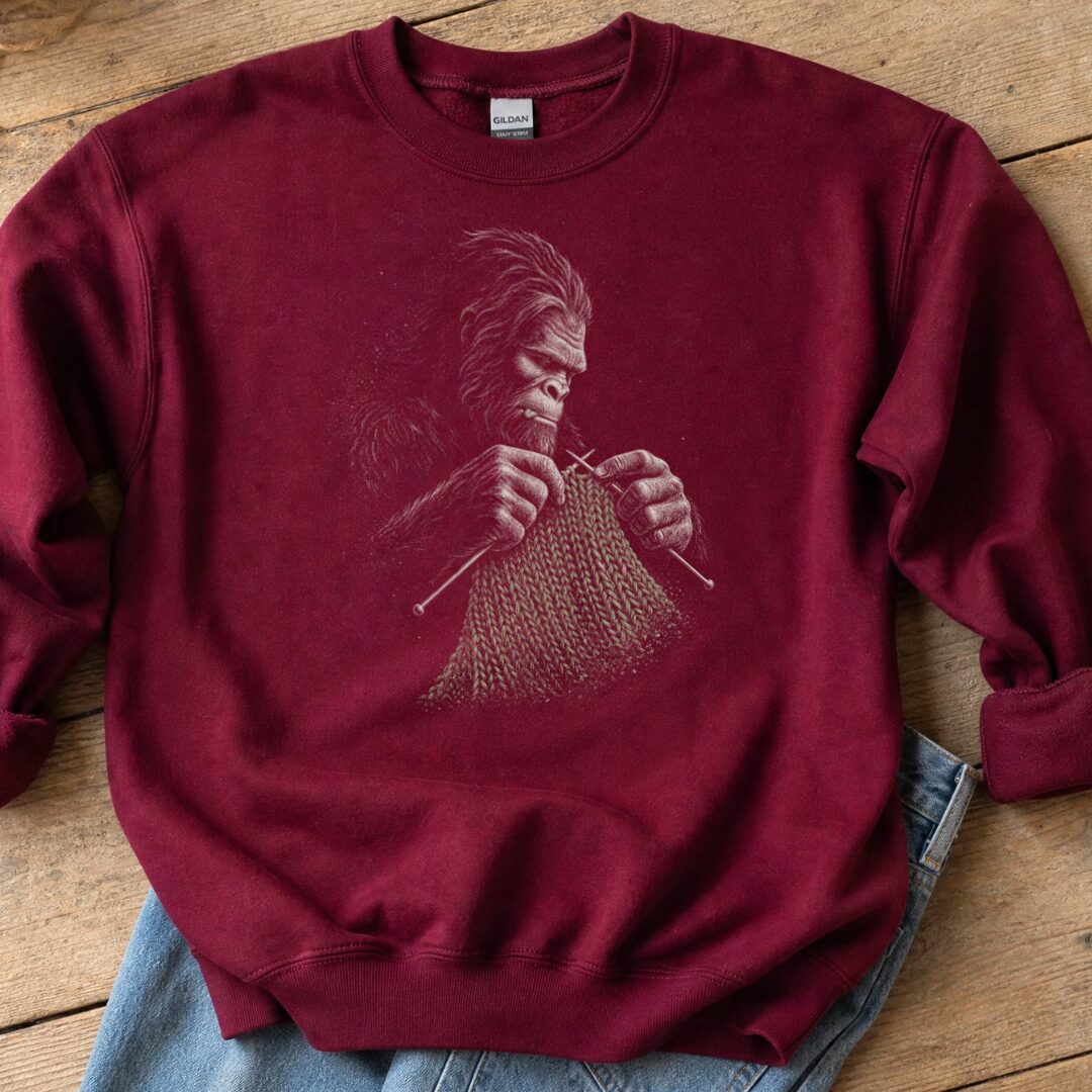 Knitting Bigfoot Maroon Sweatshirt.jpg