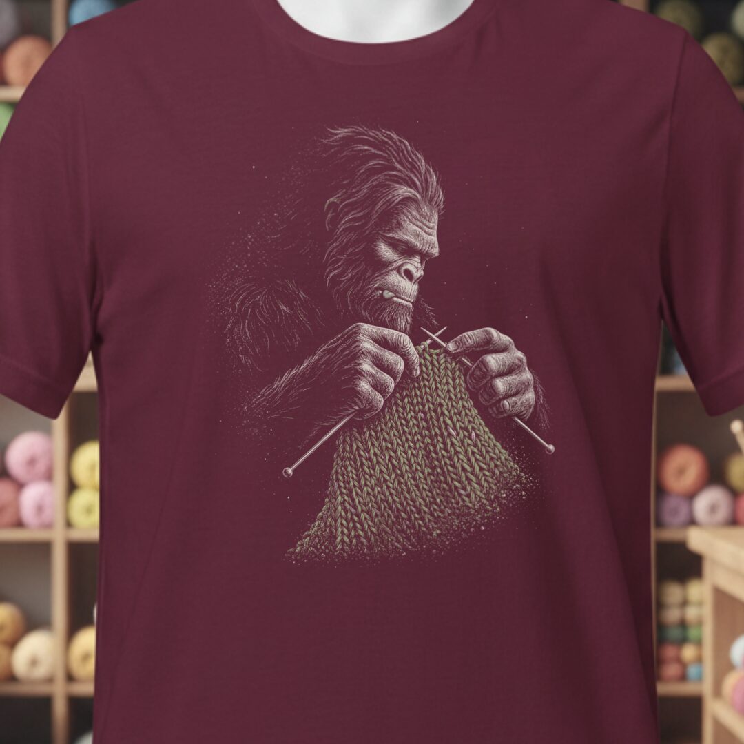 Knitting Bigfoot Maroon T-Shirt.jpg