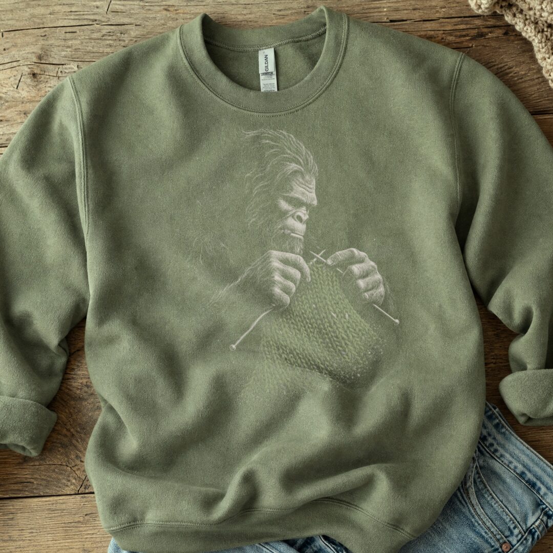 Knitting Bigfoot Military Green Sweatshirt.jpg
