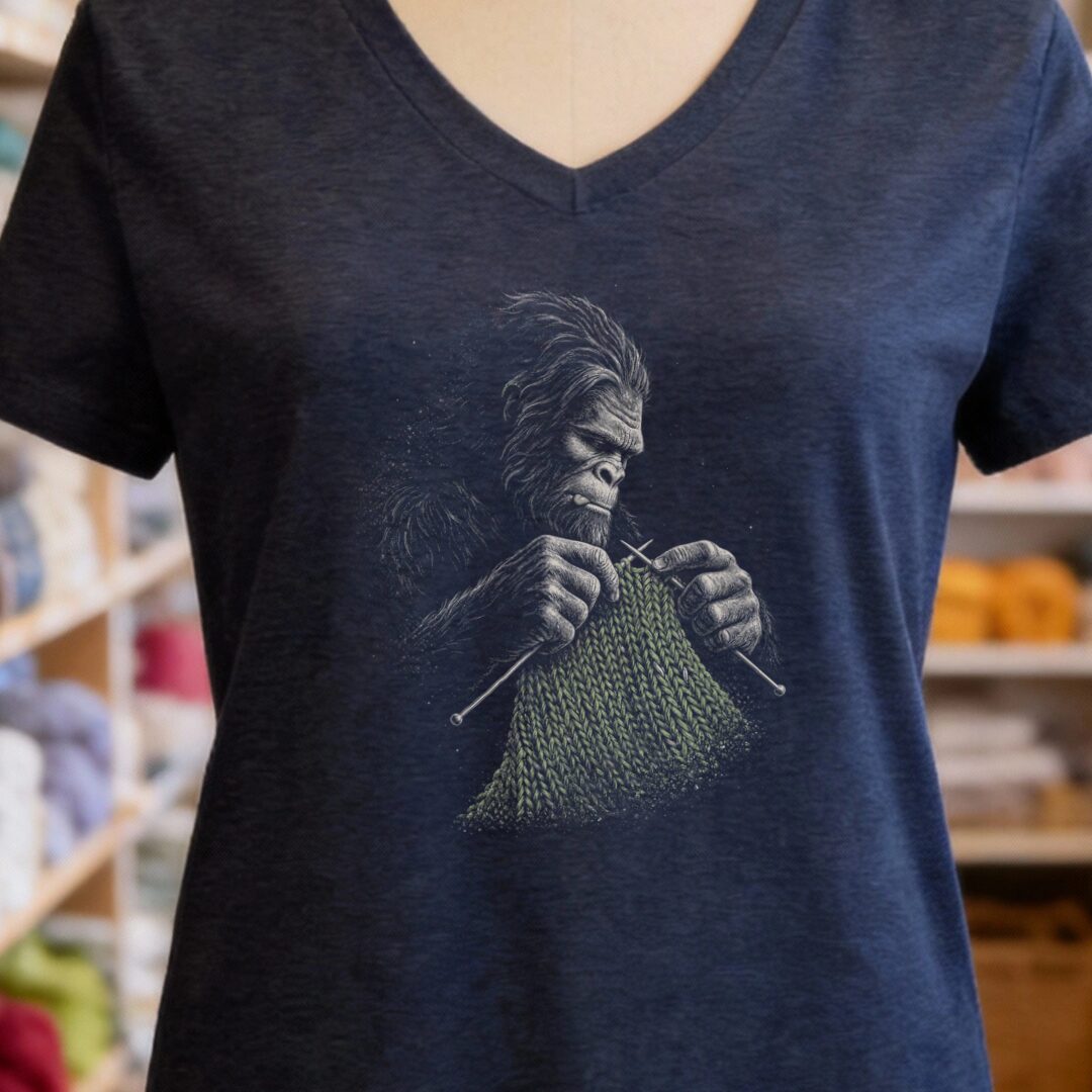 Knitting Bigfoot Navy V Neck.jpg