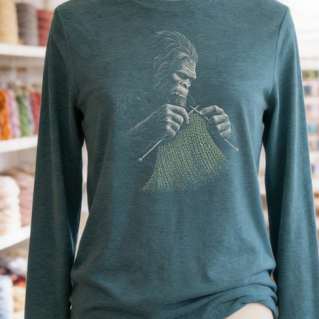 Knitting Bigfoot Teal Blue Long Sleeve Tee.jpg