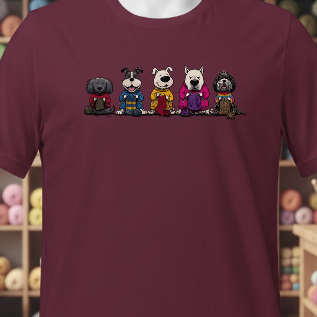 Knitting Dogs Maroon T-Shirt.jpg