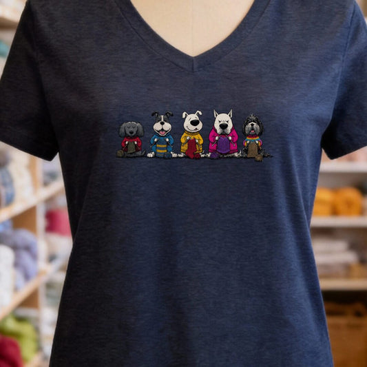 Knitting Dogs V-Neck T-Shirt Navy t-shirt