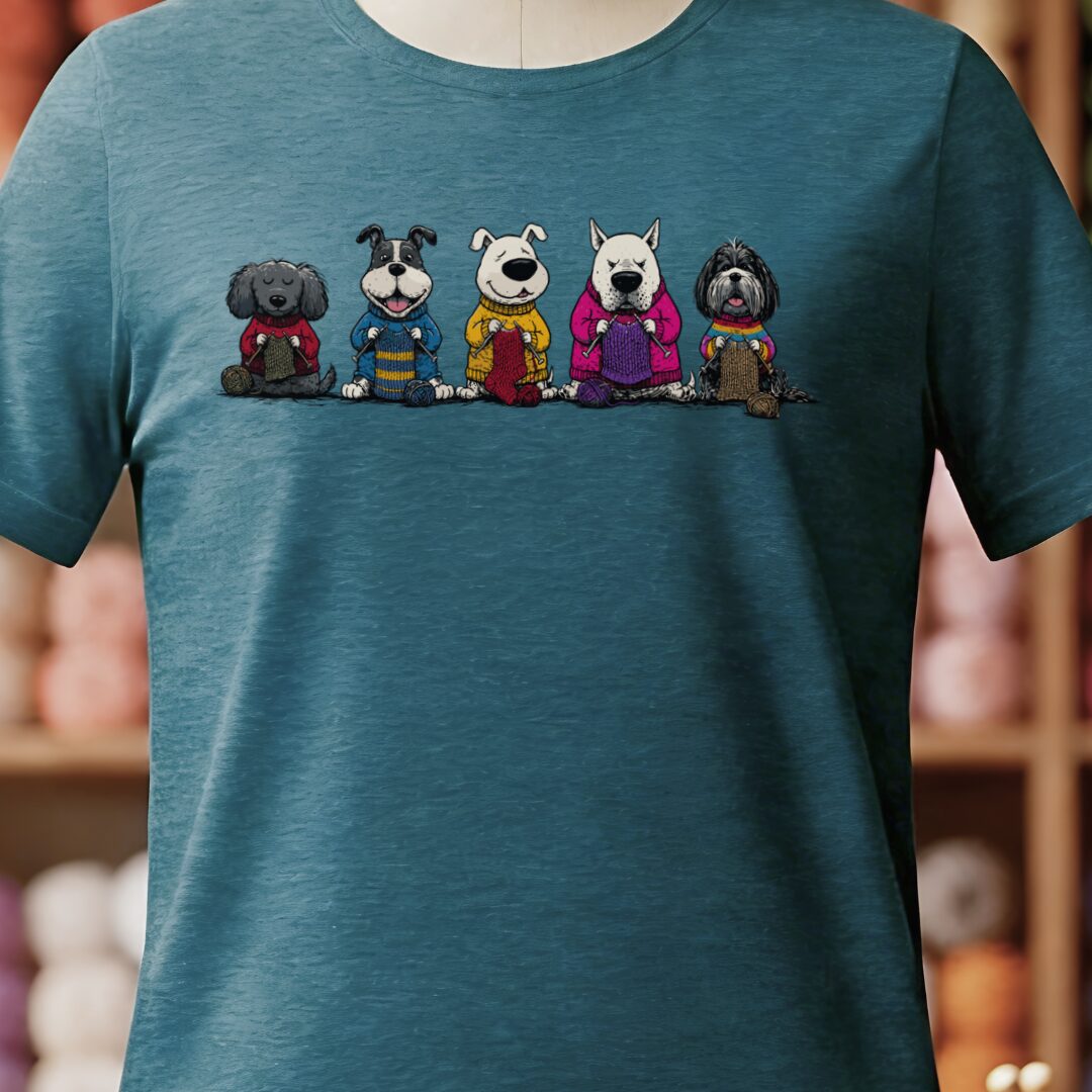 Knitting Dogs Teal Blue T-Shirt.jpg