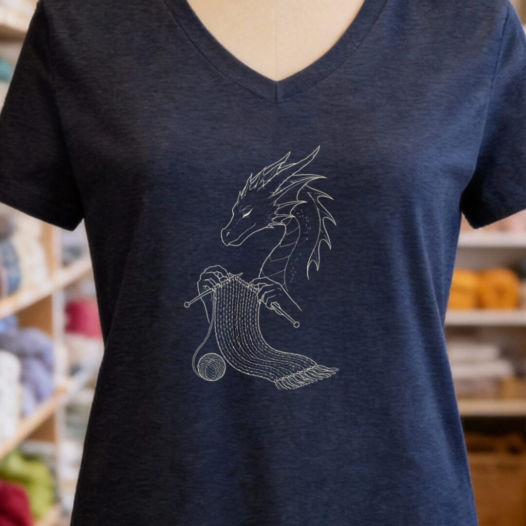 Knitting Dragon V-Neck T-Shirt Navy t-shirt