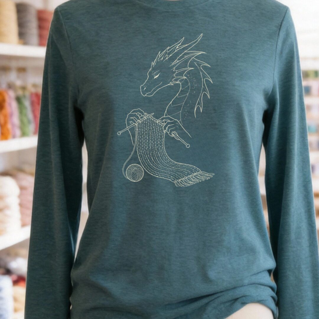 Knitting Dragon Long Sleeve Tee Teal Blue t-shirt