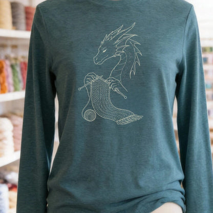 Knitting Dragon Long Sleeve Tee Teal Blue t-shirt