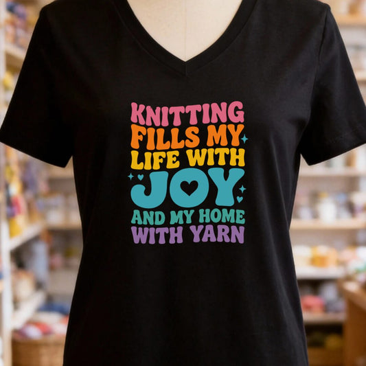 Knitting Fills My Life Retro Black V Neck.jpg