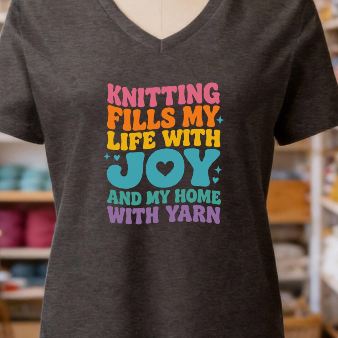Knitting Fills My Life Retro V-Neck T-Shirt Dark Grey t-shirt